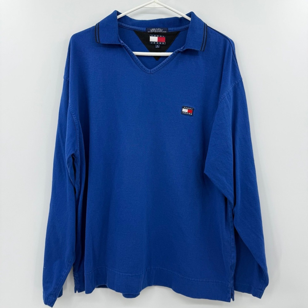 Vtg Y2K Tommy Hilfiger Long Sleeve Shirt Men's Blue V Neck XL skater grunge